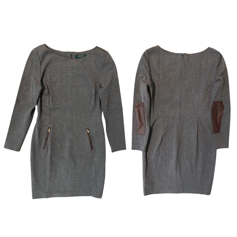 Lauren Ralph Lauren Gray Long Sleeve Dress Size 8 Faux-Leather Elbow Patches EUC